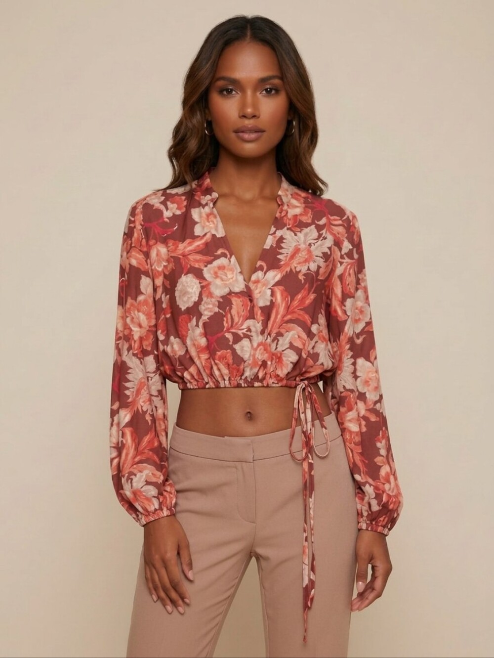 Zara Women's Boho Chic Fall Floral Print Long Sleeve Wrap Blouse With Tie Medium